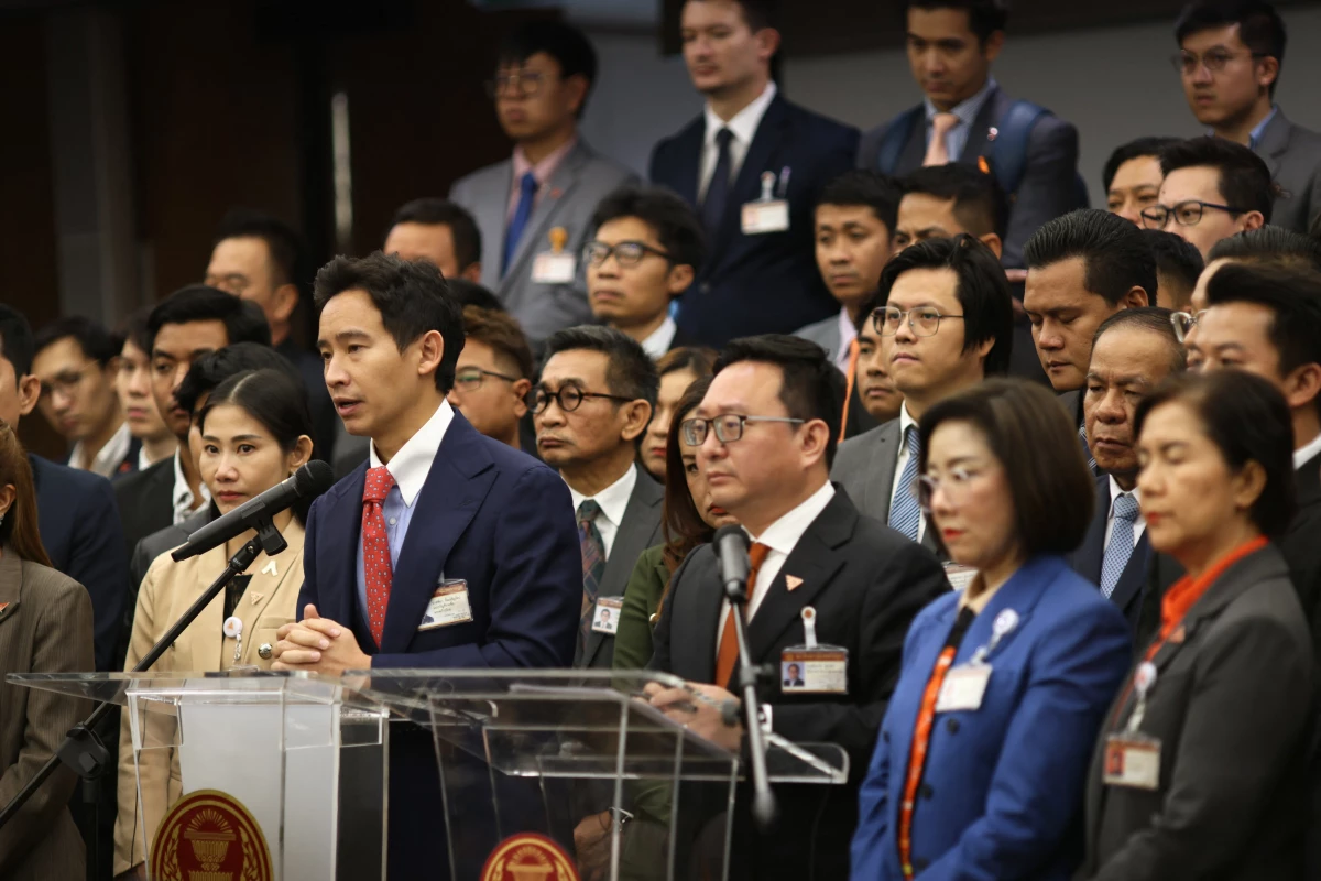 Former Thai prime ministerial candidate and Move Forward Party lawmaker Pita Limjaroenrat (front left) speaks during a press conference at the Thai parliament in Bangkok on Jan. 31.