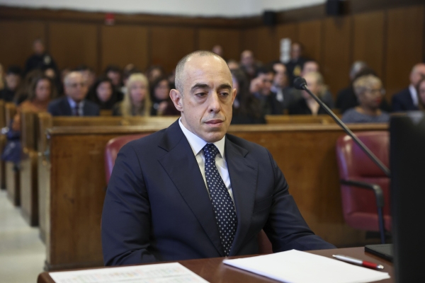 Emil Bove, then President Trump's attorney, looks on as Trump appears remotely for a sentencing hearing in Manhattan Criminal Court on Jan. 10, 2025, in New York City, after being found guilty of falsifying business records.