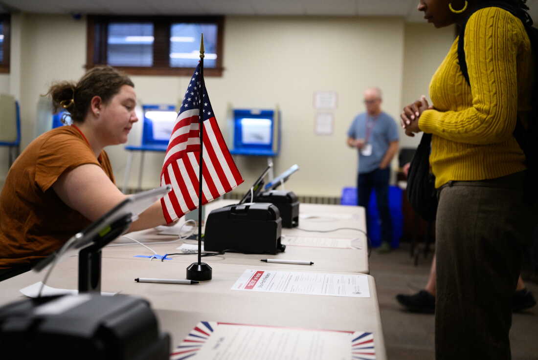 A voter checks in at a polling place in White Bear Township, Minn., on Aug. 11.