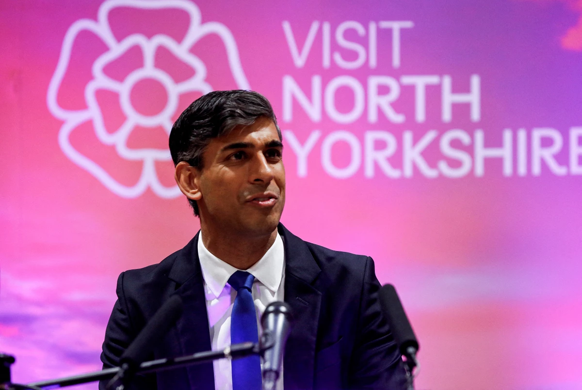 Britain's Prime Minister and Conservative Party leader Rishi Sunak delivers a speech after retaining his seat as MP for Richmond and Northallerton in Northallerton, north of England, early Friday.