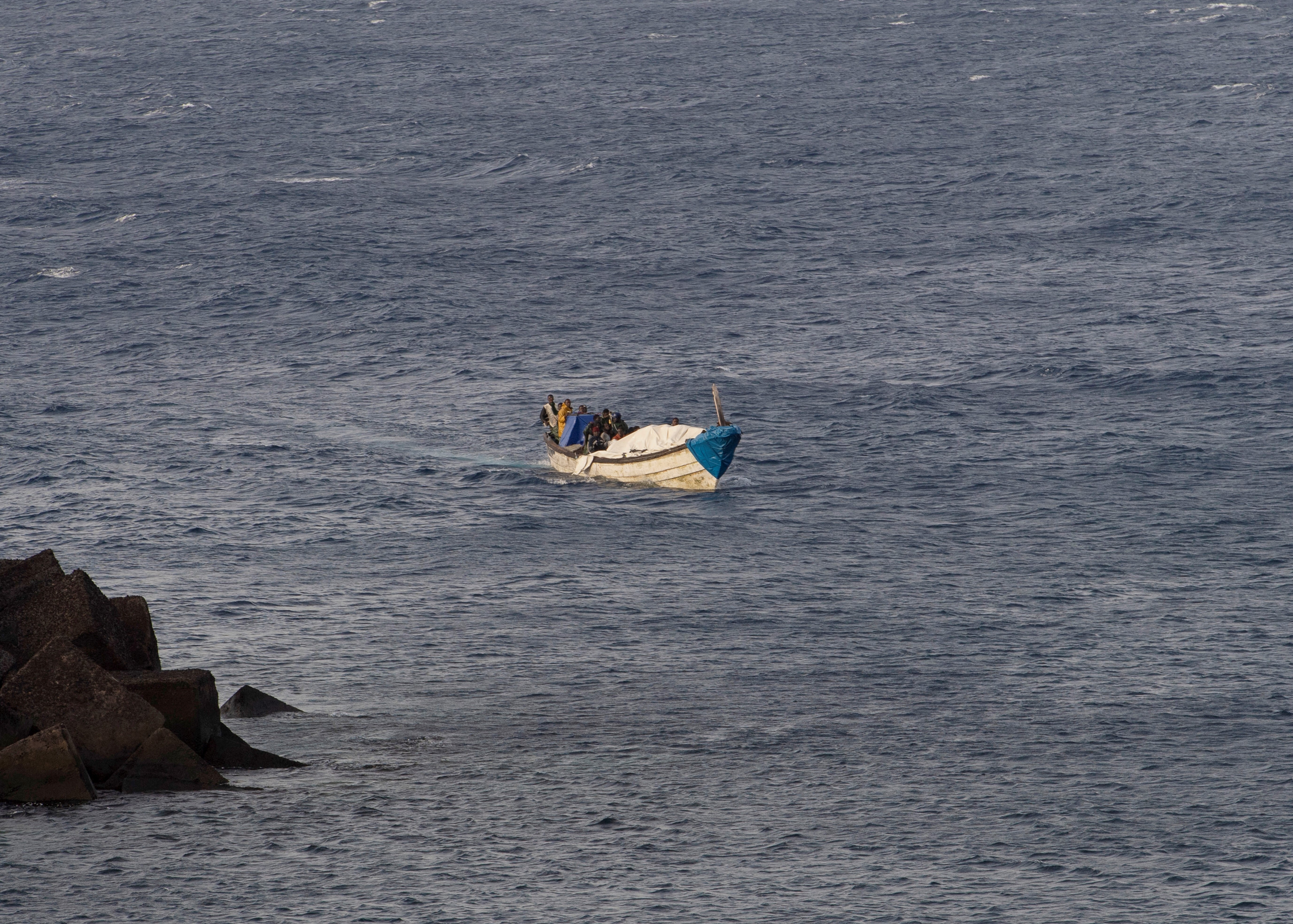 A boat with 57 migrants onboard arrives at La Restinga port on the Canary island of El Hierro, on September 14, 2024.