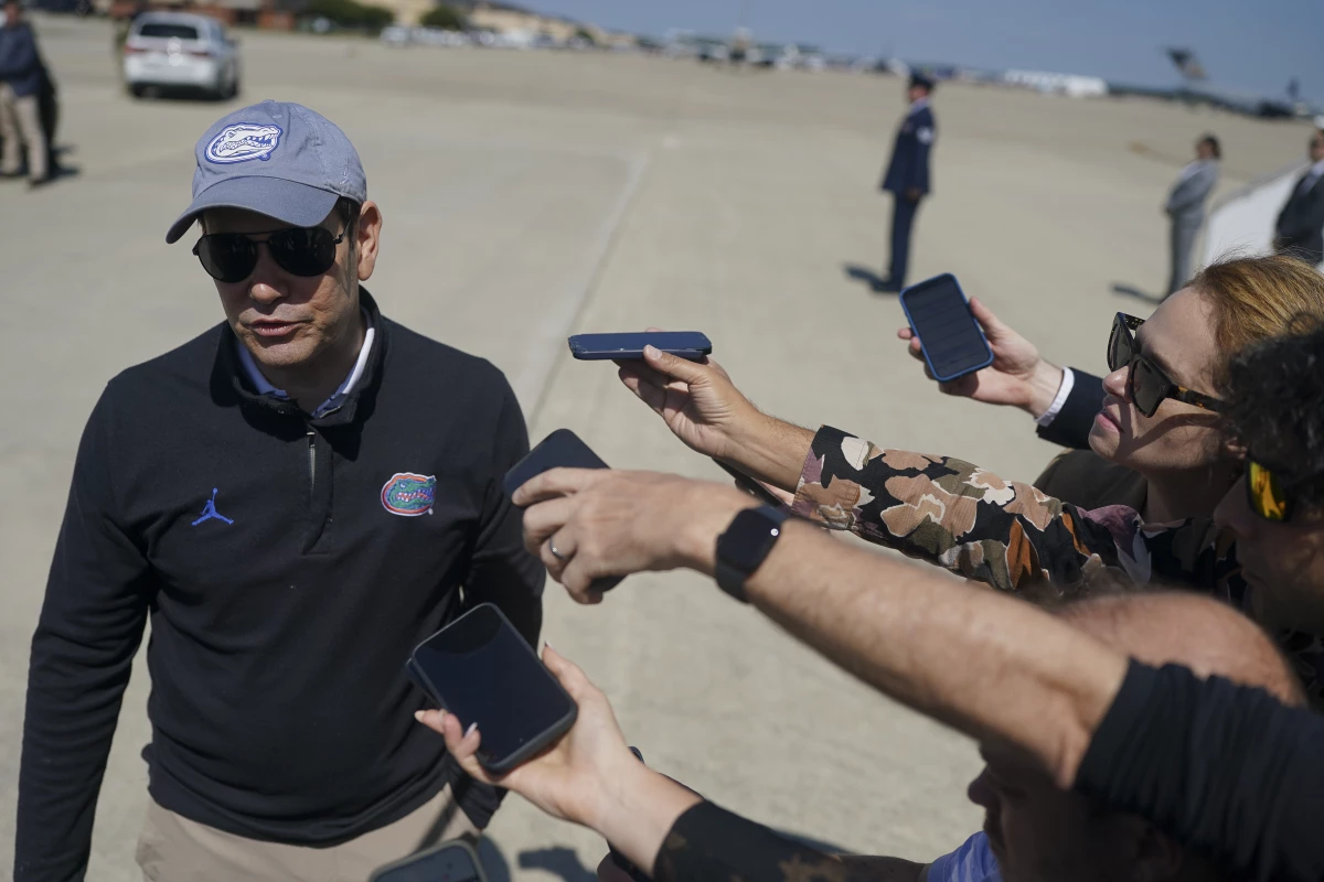 Secretary of State Marco Rubio speaks with members of the media before departing for Israel at Joint Base Andrews, Md., Saturday, Sept. 13, 2025.
