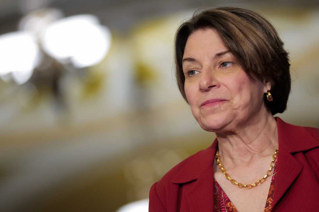WASHINGTON, DC - APRIL 21: U.S. Sen. Amy Klobuchar (D-MN) speaks with the press following weekly policy luncheons at the U.S. Capitol on April 21, 2026 in Washington, DC. U.S. Senate Minority Leader Chuck Schumer (D-NY) addressed a range of topics, including recent congressional resignations following sexual assault allegations. (Photo by Heather Diehl/Getty Images)