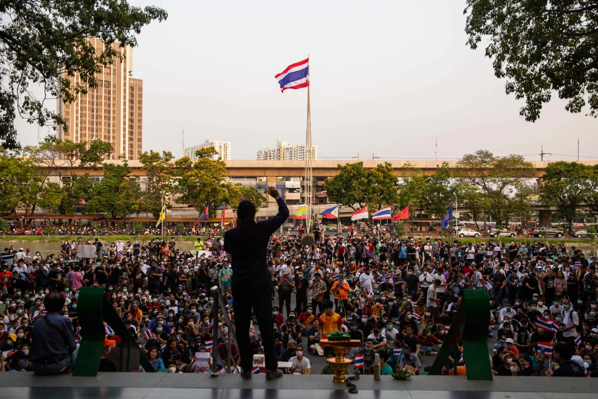 Thais protest against the government in February 2020 after Thailand's Constitutional Court ordered the dissolution of the Future Forward Party, finding the party guilty of violating election law by accepting a loan from its founder. Party supporters gathered despite concerns about COVID-19.