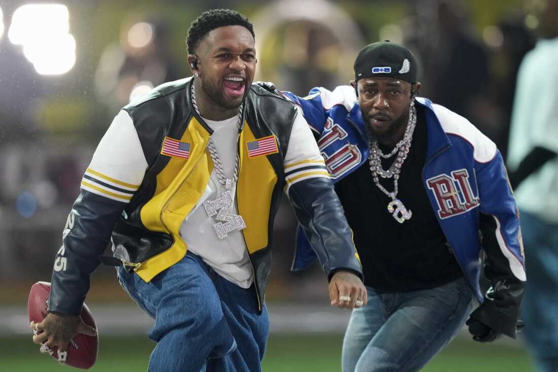 Mustard and Kendrick Lamar perform at halftime of the Super Bowl NFL football match between the Chiefs of Kansas City and the Eagles of Philadelphia.
