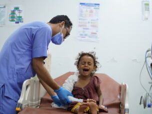 Bayan Yahya Hasan, a Yemeni girl injured in the attack carried out by Iran-backed Houthi militants, receives treatment at a hospital in Mokha, Yemen on Aug. 16, 2026.