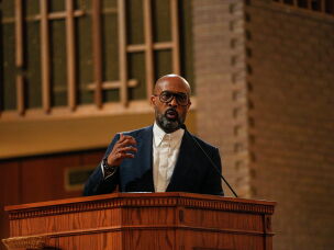The Rev. Frederick Haynes III speaks to the crowd during the We the People TX interfaith service,