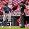 Taylor Walls of the Tampa Bay Rays argues with umpire Adam Hamari after being called out on strikes during a game against the Cincinnati Reds on July 27, 2025.