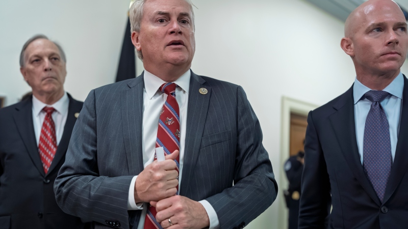 House Oversight Committee Chairman James Comer, R-Ky., flanked by Rep. Andy Biggs, R-Ariz., left, and Rep. William Timmons, R-S.C., speaks to reporters after a closed-door deposition with Ghislaine Maxwell, the former girlfriend and confidante of sex trafficker Jeffrey Epstein, at the Capitol in Washington, Monday, Feb. 9, 2026.