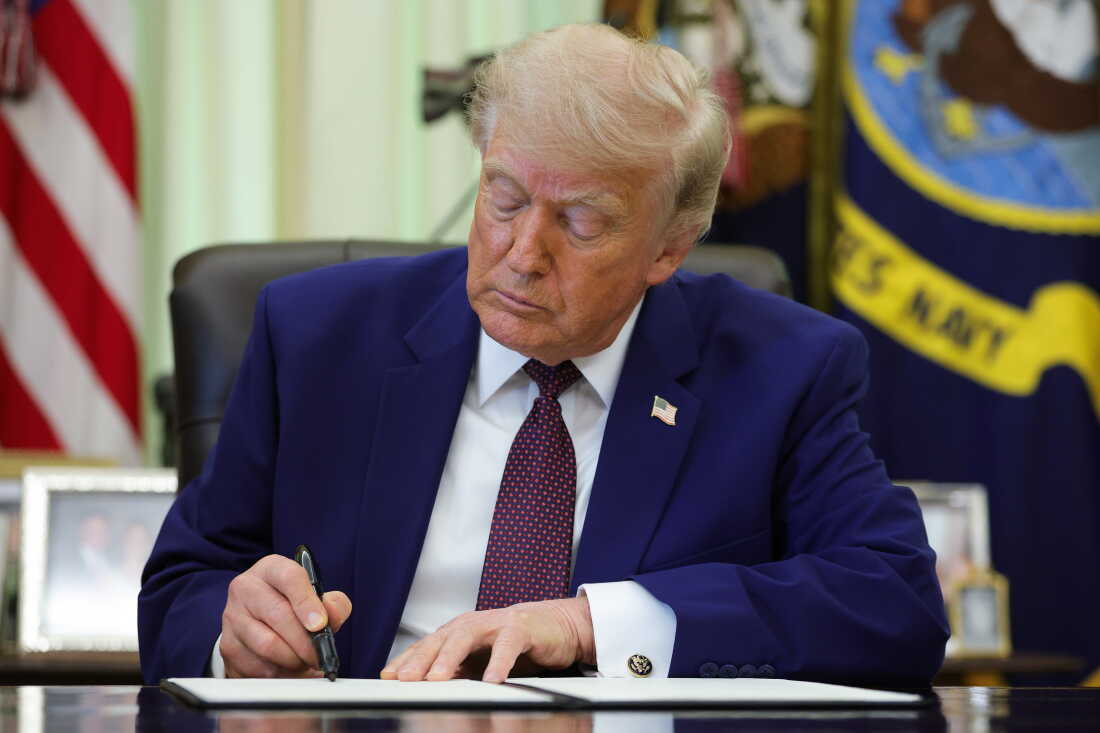 President Trump signs an executive order during an event in the Oval Office of the White House in June.