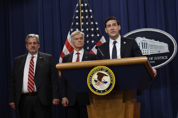 Matthew Galeotti, head of the Justice Department’s Criminal Division, delivers remarks during a press conference at the Department of Justice on June 30. Galeotti is shown with Assistant Administrator of the Drug Enforcement Agency Thomas Prevoznik and Administrator for the Centers for Medicare and Medicaid Services Mehmet Oz.
