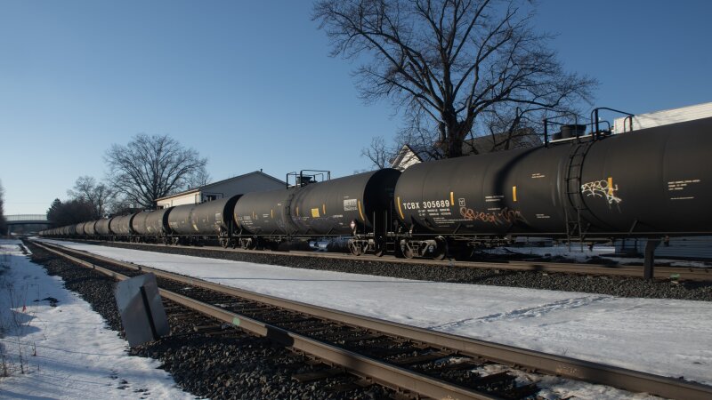 A long Norfolk Southern freight train passes through the town of East Palestine, Ohio on Jan. 17.