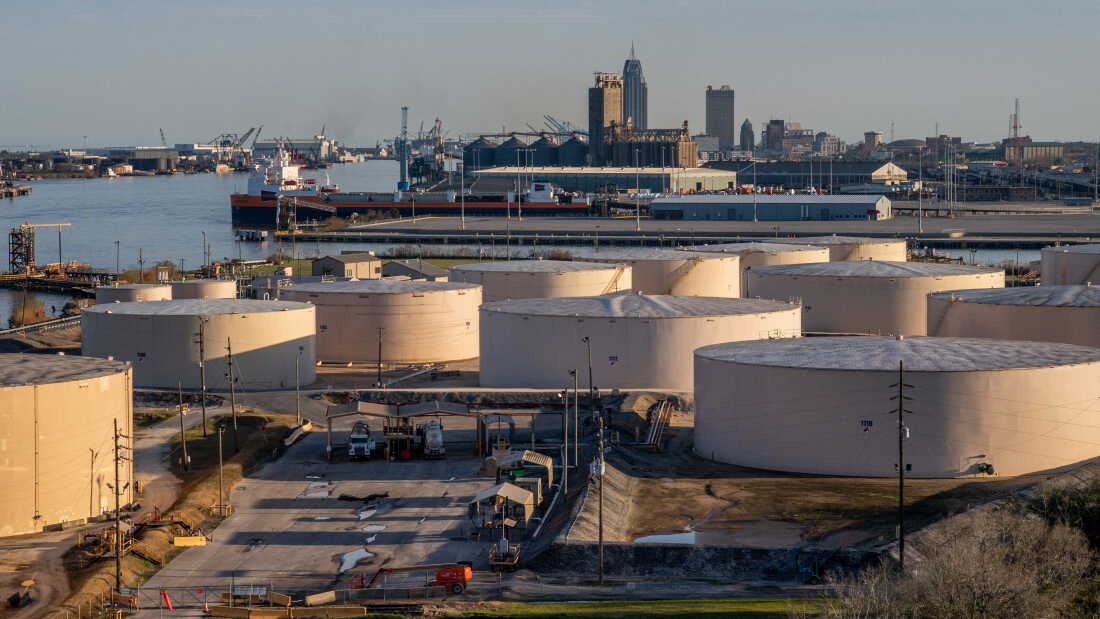 The Plains oil refinery is seen on March 10, 2022 in Mobile, Alabama.
