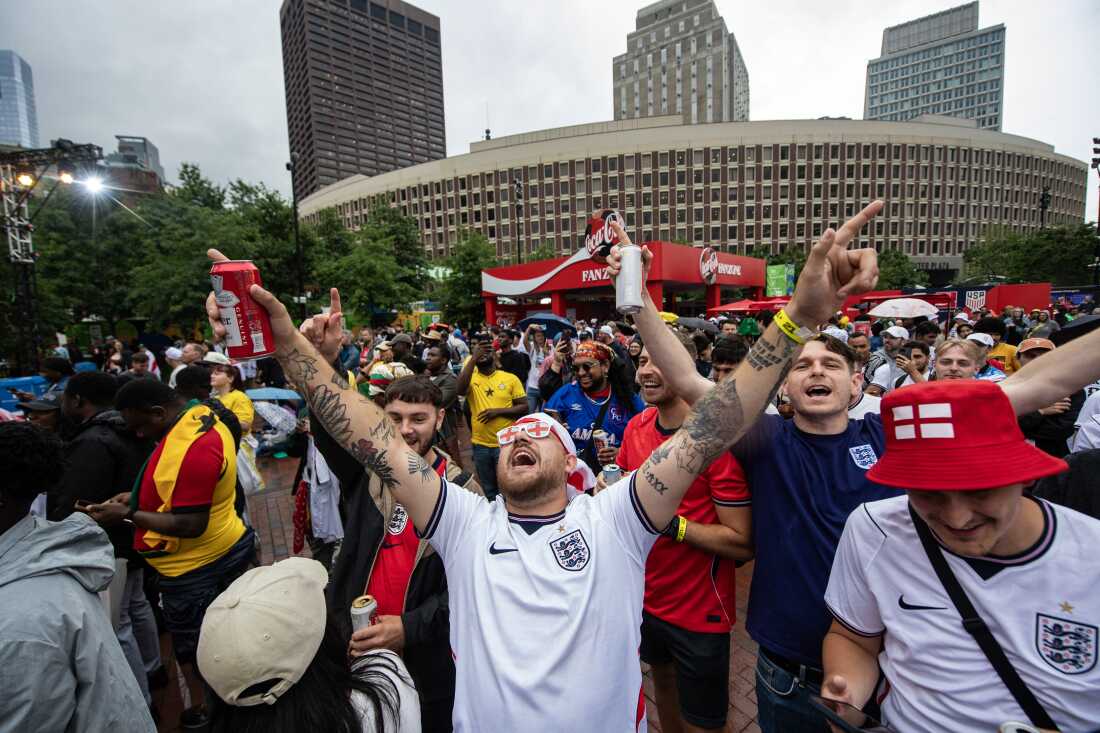 Fans cheer at the FIFA Fan Festival in Boston for the World Cup match between England and Ghana on June 23.