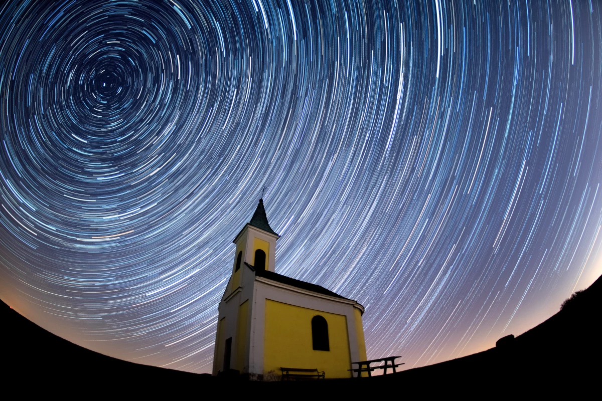 (EDITORS NOTE: Multiple exposures were combined to produce this image.) Startrails are seen during the Lyrid meteor shower over Michaelskapelle on April 21, 2020 in Niederhollabrunn, Austria.