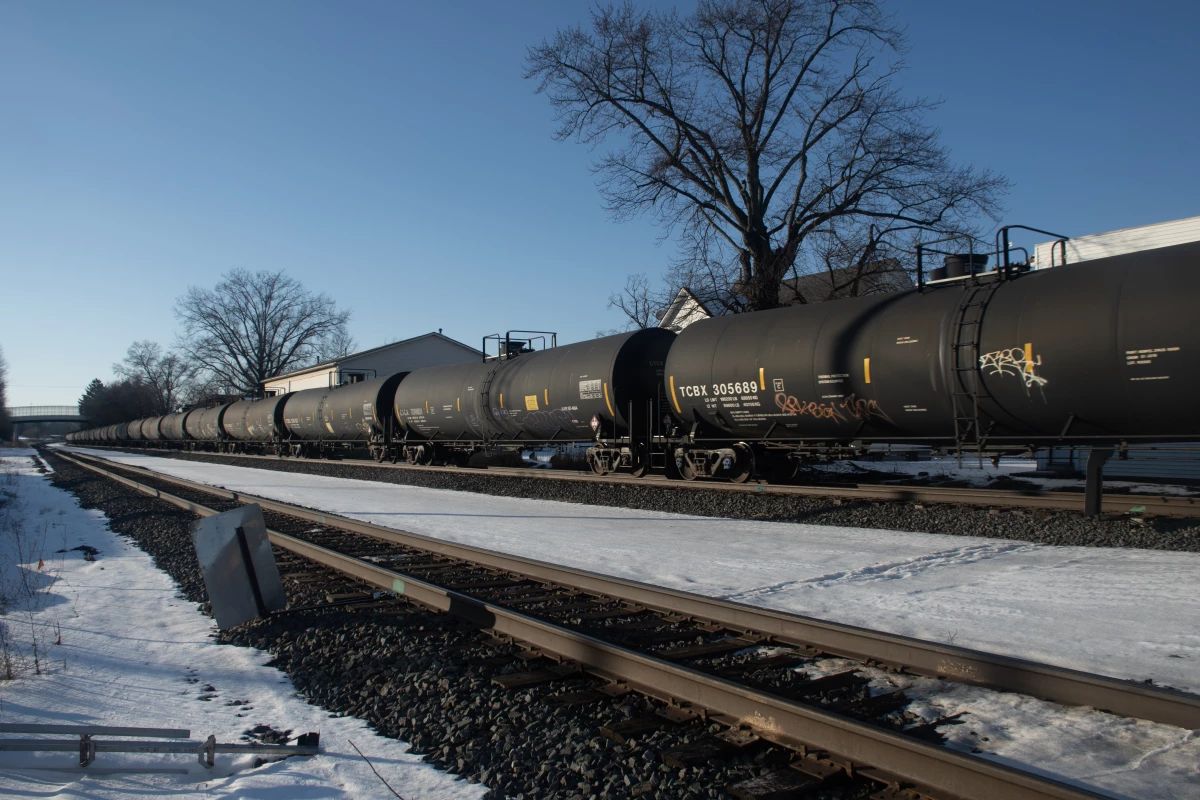 A long Norfolk Southern freight train passes through the town of East Palestine, Ohio on Jan. 17.