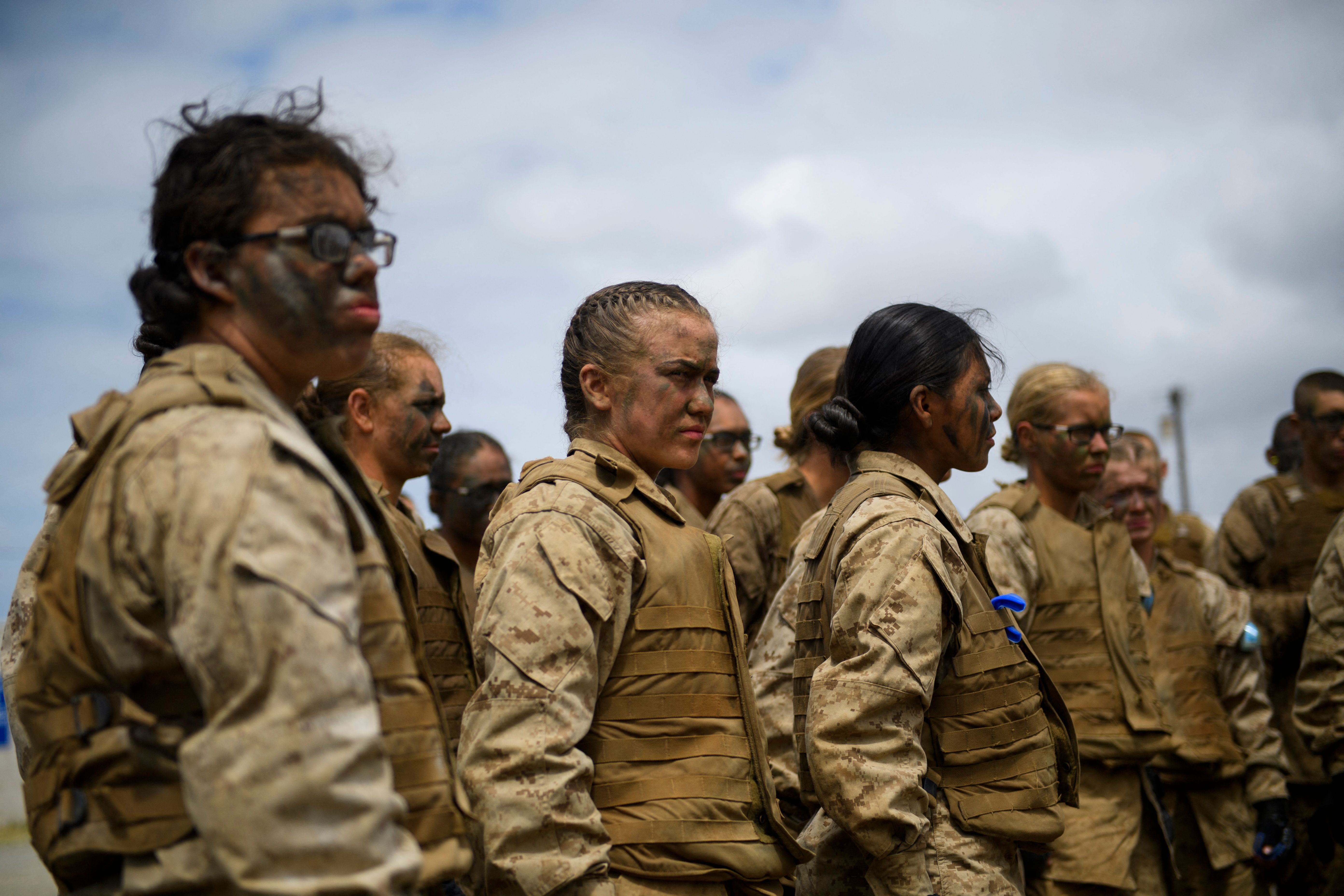 U.S. Marine Corps recruits from Lima Company, the first gender-integrated training class in San Diego, receive a safety briefing on April 21, 2021, at Camp Pendleton, in San Diego County. (AFP via Getty Images)