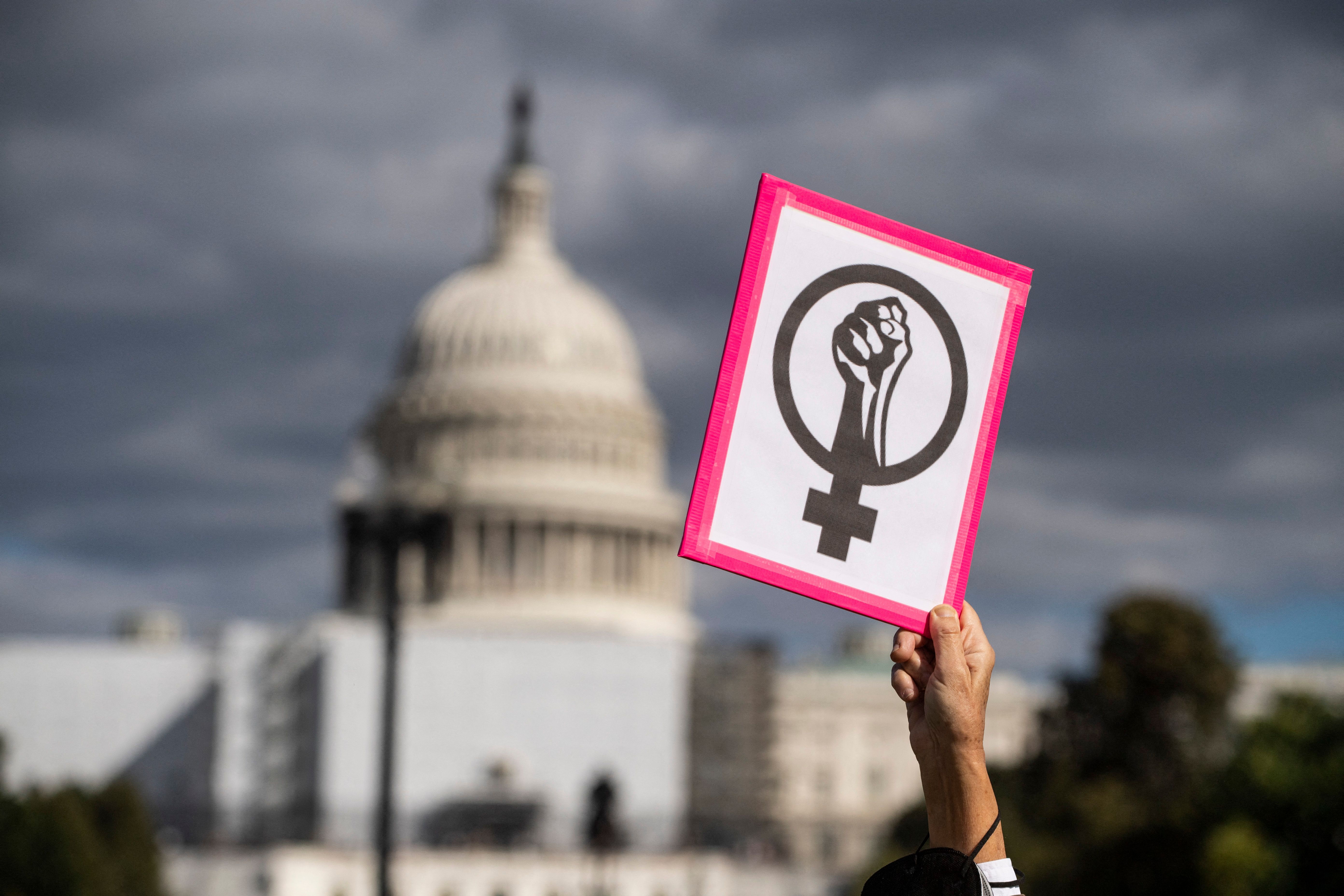 An abortion rights demonstrator holds a sign near the U.S. Capitol during the annual Women