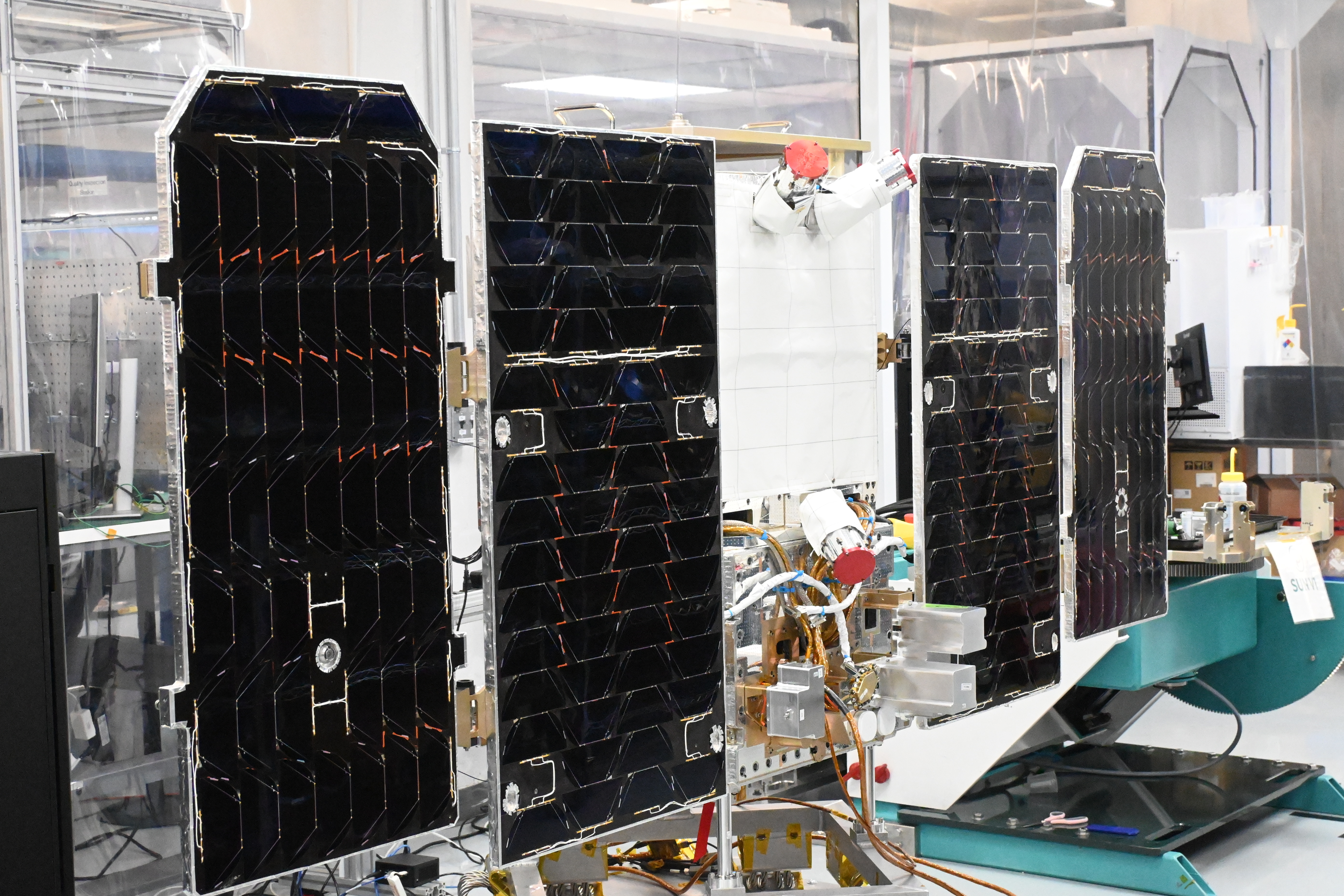 A prototype of the Project Suncatcher satellite at the Planet Labs facility in San Francisco, California.