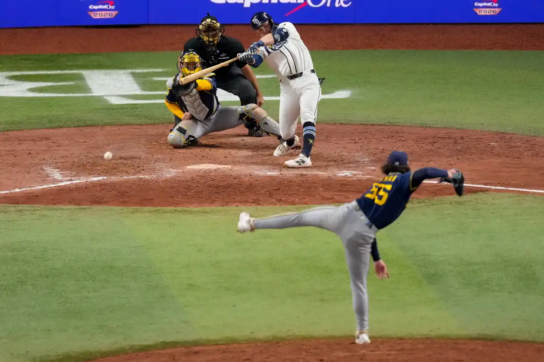 Tampa Bay Rays second baseman Ben Williamson connects for a game-winning RBI single off Milwaukee Brewers pitcher Shane Drohan during the 12th inning of Game 4 of baseball's World Series, Wednesday, Oct. 28, 2026, in St. Petersburg, Fla., between the Milwaukee Brewers and the Tampa Bay Rays.