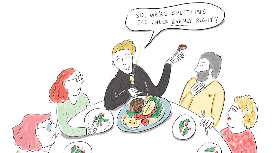 A man sups on surf and turf and champagne while his dining mates eat tiny salads. 