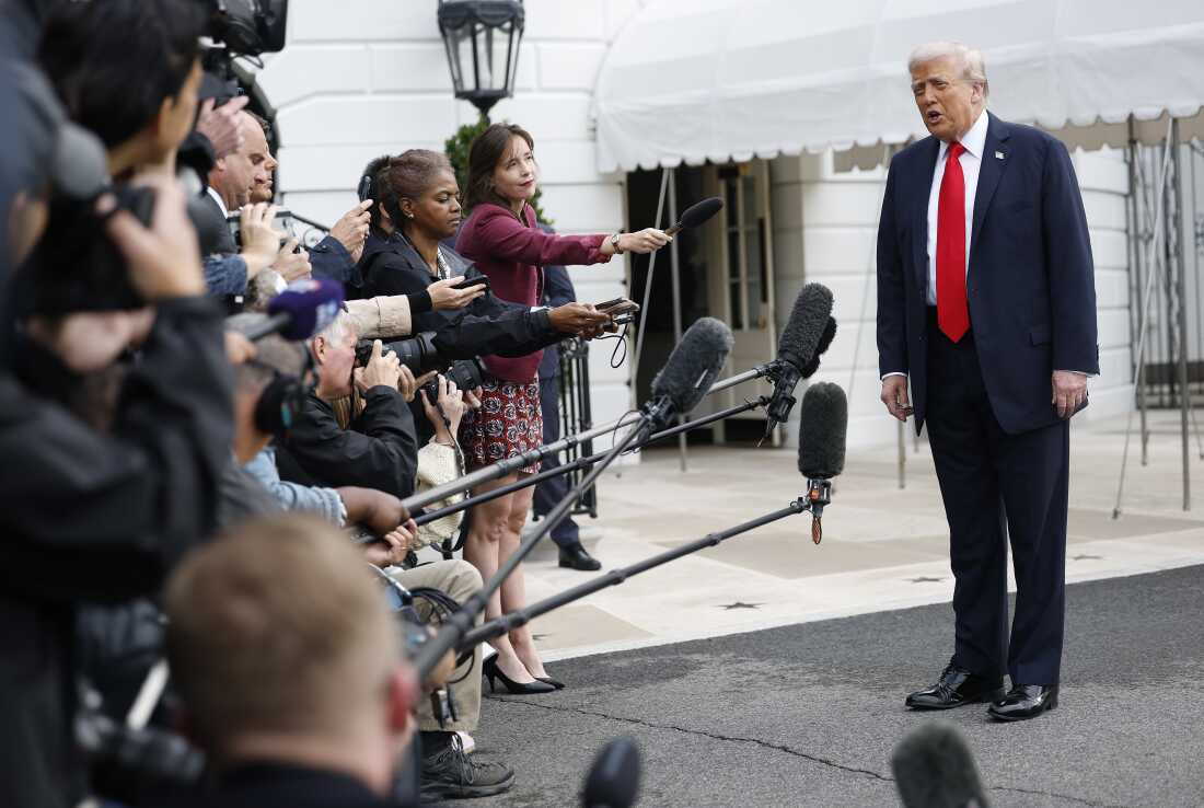 President Trump speaks to members of the media as he departs the White House en route to London on Sept. 16, 2025.