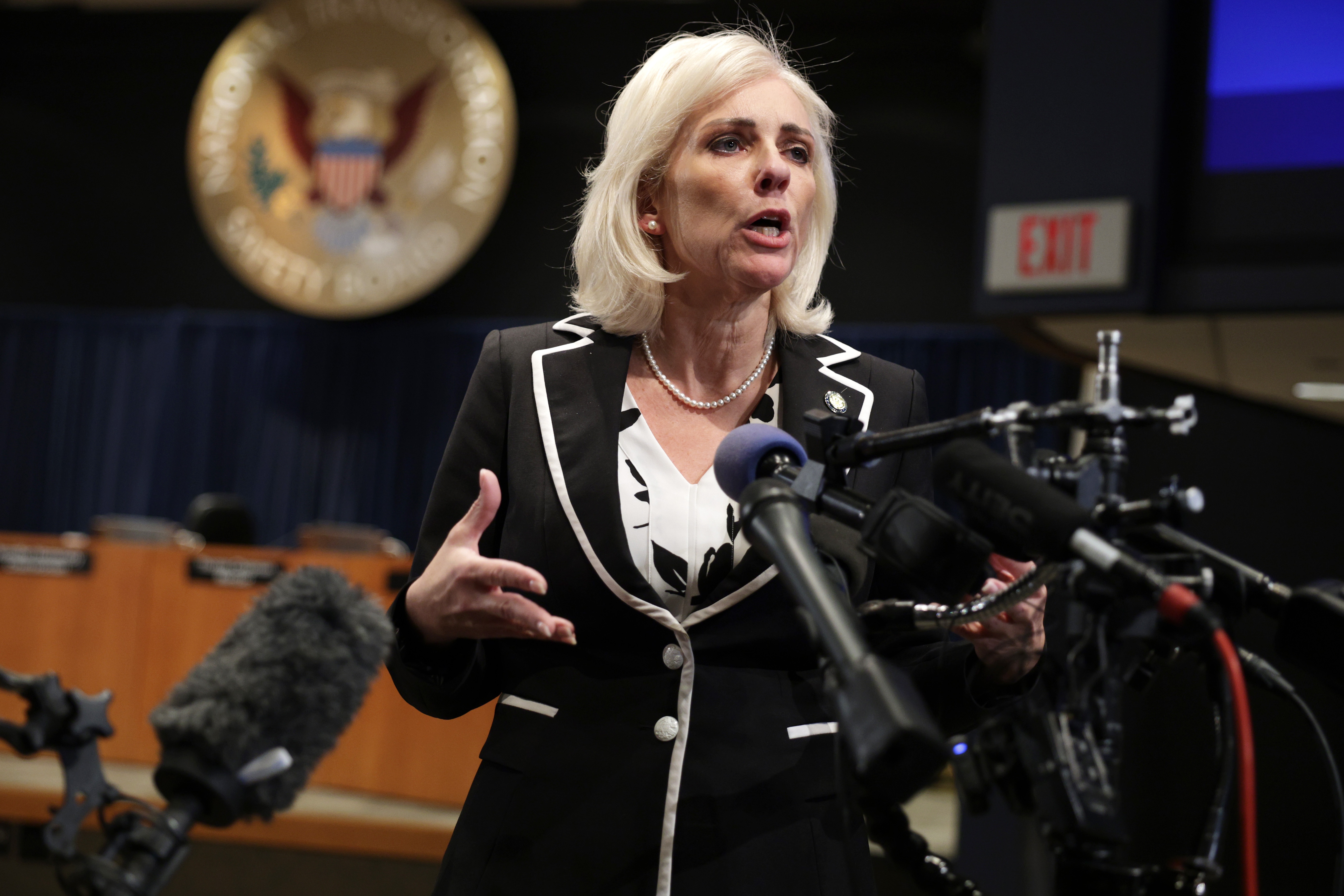 National Transportation Safety Board chairwoman Jennifer Homendy briefs reporters on Tuesday in Washington, D.C. The NTSB released its investigative findings into the January 2025 midair collision of an American Airlines regional jet and U.S. Army Black Hawk helicopter near Ronald Reagan Washington National Airport. The collision killed all 67 aboard both aircraft.