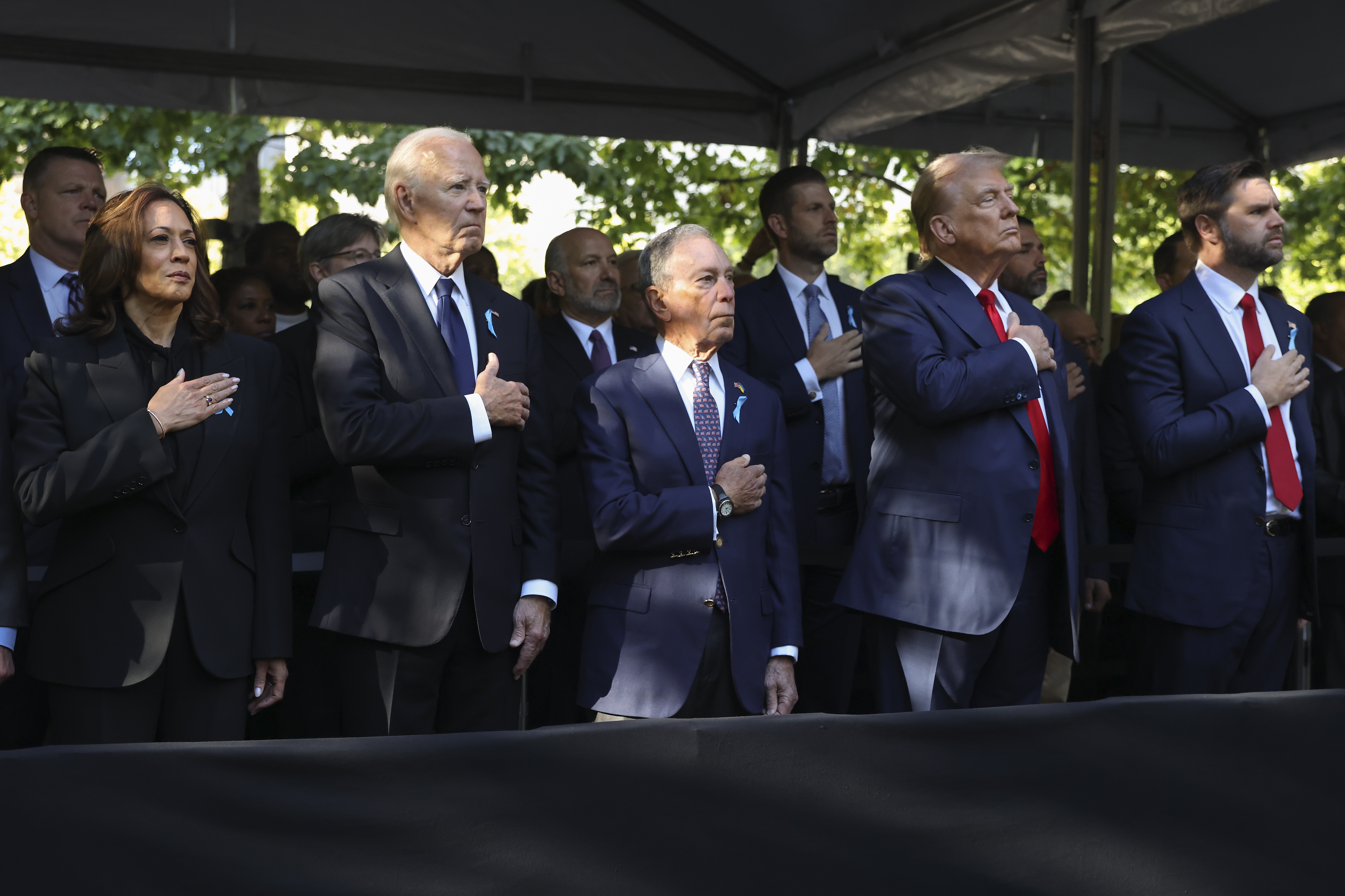 Vice President Harris, President Joe Biden, former New York Mayor Michael Bloomberg, former President Donald Trump and Sen. JD Vance, R-Ohio, attend the 9/11 memorial ceremony in New York. (AP)