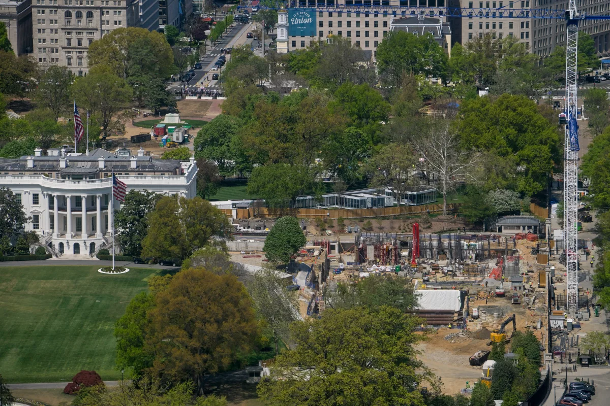 Work continues on the construction of the ballroom at the White House, Thursday, April 9, 2026, in Washington, where the East Wing once stood.