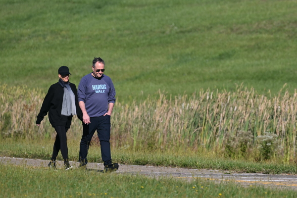 Vice President Harris and her husband Doug Emhoff go for a walk in Moon Township, Penn., on Sept. 8, 2024. Harris was in Pittsburgh to prepare for her debate with former President Donald Trump.