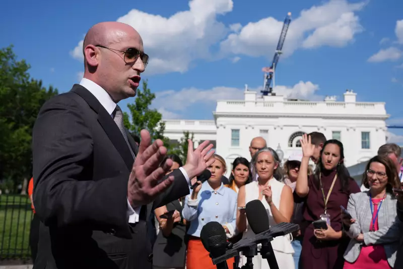 Stephen Miller, White House deputy chief of staff for policy, speaks with reports at the White House, Thursday, June 25, 2026, in Washington.