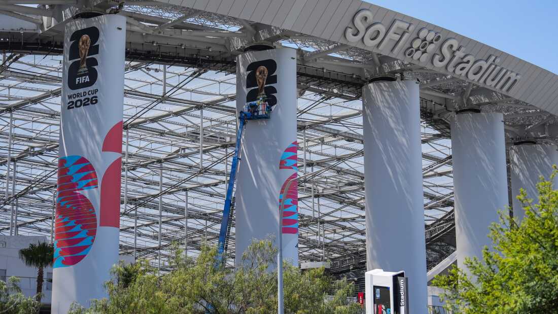 FIFA World Cup 2026 signage is displayed at SoFi Stadium in Inglewood, Calif., Monday, June 1, 2026.