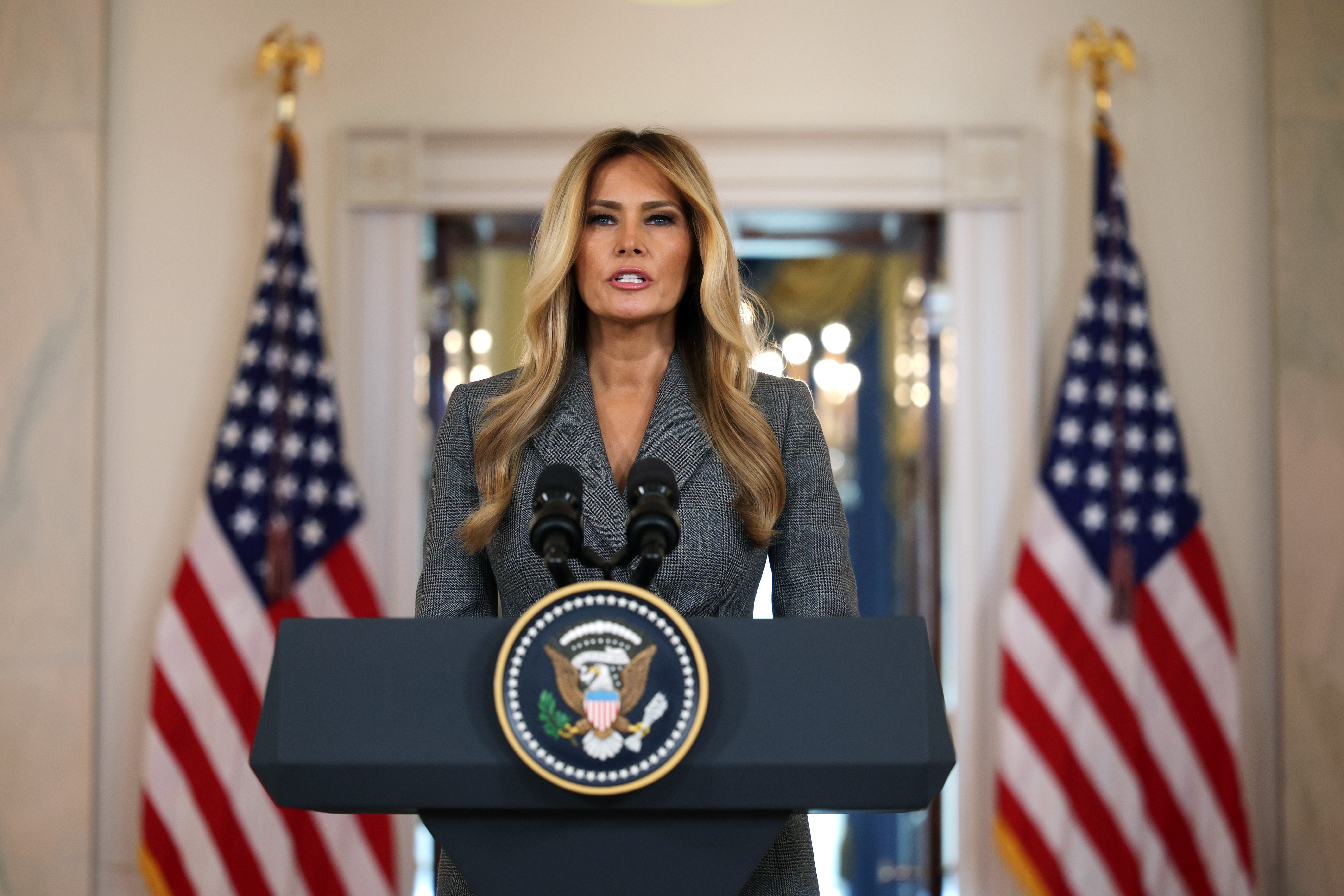 First lady Melania Trump delivers a statement at the Grand Foyer of the White House on April 9, 2026 in Washington, D.C.