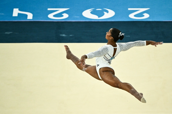 Jordan Chiles competes in the gymnastics women's floor exercise final during the Paris 2024 Olympic Games on August 5, 2024.