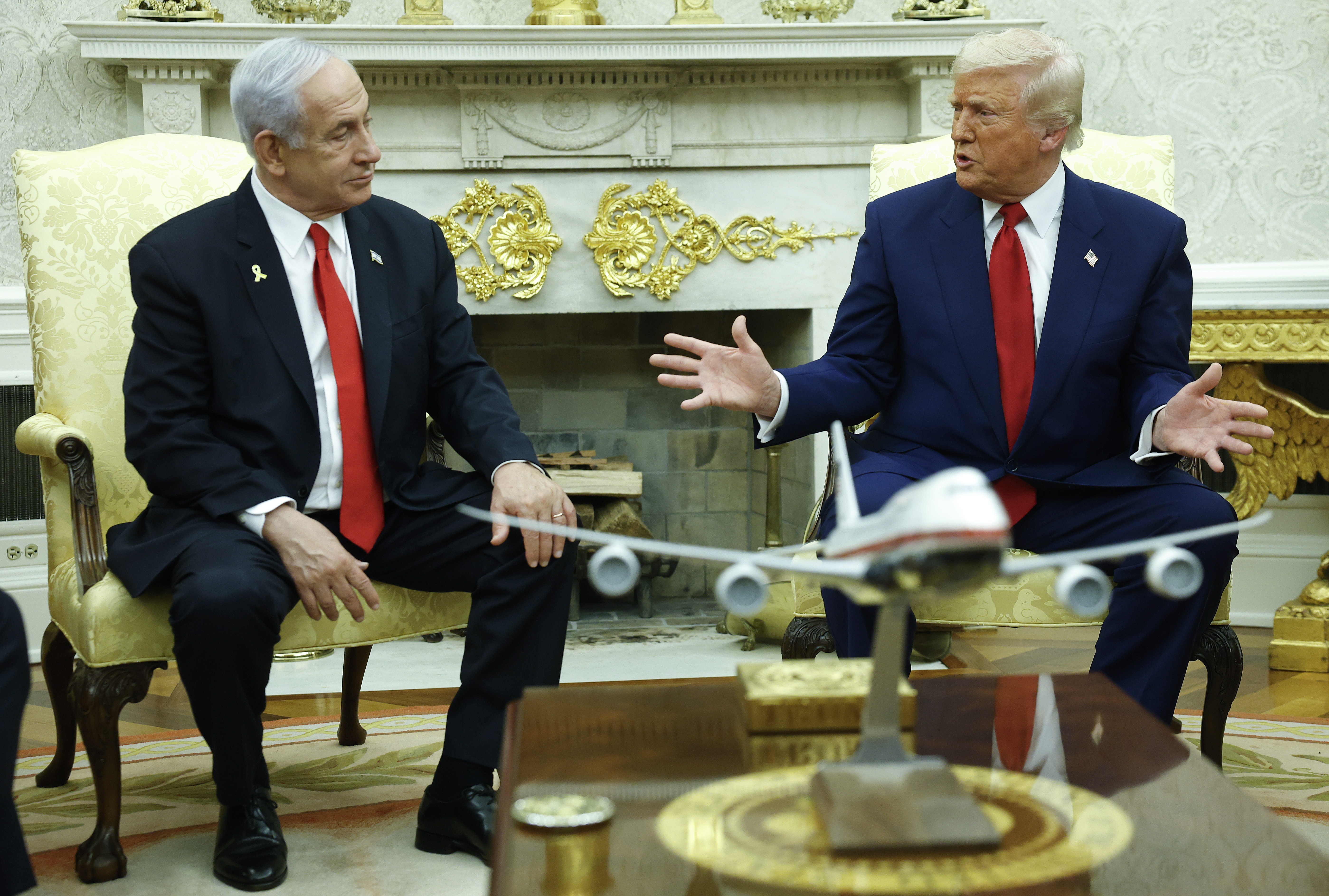 President Donald Trump speaks alongside Israeli Prime Minister Benjamin Netanyahu during a meeting in the Oval Office of the White House on April 7, 2025, in Washington, D.C. Netanyahu and Trump are to meet again on Monday.