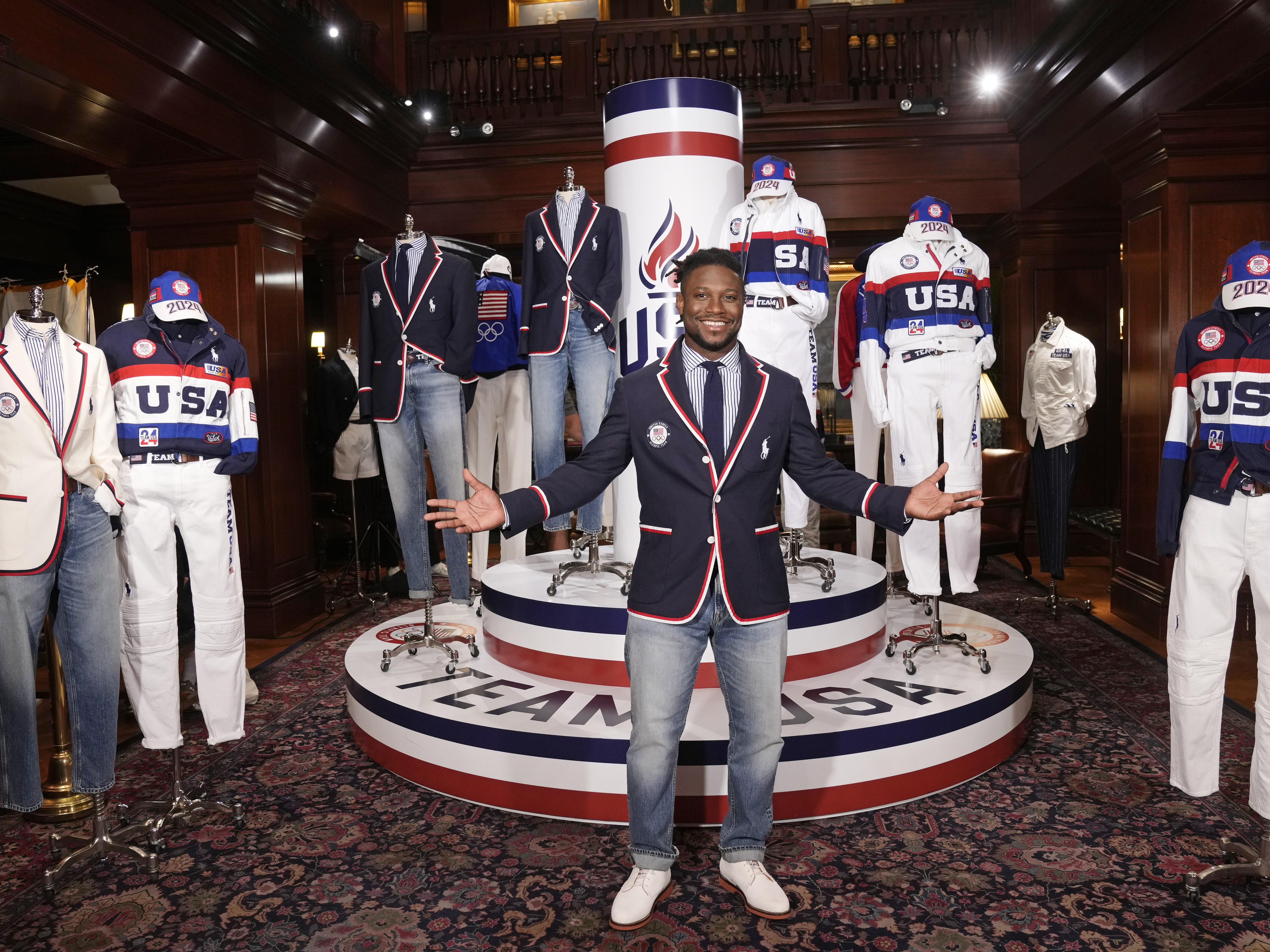 Olympic athlete in fencing, Daryl Homer, models the Team USA Paris Olympics opening ceremony uniform at Ralph Lauren headquarters on Monday in New York. (Invision)