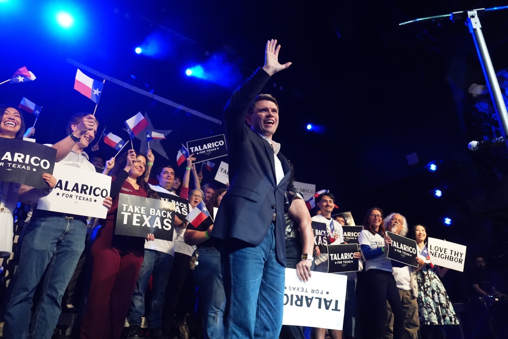 Texas Democratic Senate candidate Texas state Rep. James Talarico waves to the crowd before speaking Mar. 4 in Austin. Talarico raised $27m in the first quarter of 2026, leading a pack of Democrats who outraised Republicans in several key Senate matchups. (AP)