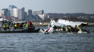 In this image provided by the U.S. Coast Guard, wreckage is seen in the Potomac River near Ronald Reagan Washington National Airport, Thursday, Jan. 30, 2025 in Washington.