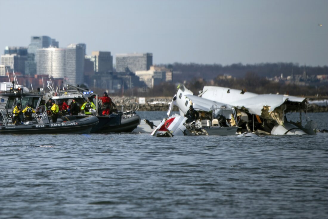 In this image provided by the U.S. Coast Guard, wreckage is seen in the Potomac River near Ronald Reagan Washington National Airport, Thursday, Jan. 30, 2025, in Washington.