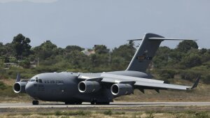 A United States Air Force C-17 cargo plane loaded with humanitarian aid lands at Camilo Daza airport in Cucuta, Colombia, on Feb. 16, 2019.