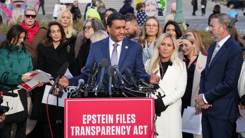 Rep. Ro Khanna, D-Calif., former Rep. Marjorie Taylor-Greene, R-Ga., and Rep. Thomas Massie, R-Ky., speak during a news conference as the House prepares to vote on the Epstein Files Transparency Act, at the Capitol in Washington, Tuesday, Nov. 18, 2025.