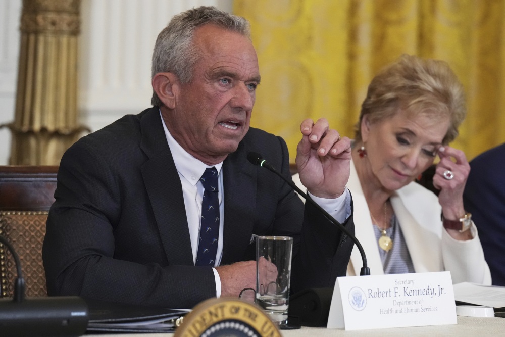 Health and Human Services Secretary Robert F. Kennedy Jr. speaks as Education Secretary Linda McMahon listens during a Make America Healthy Again (MAHA) Commission Event in the East Room of the White House, Thursday, May 22, 2025, in Washington. (AP)