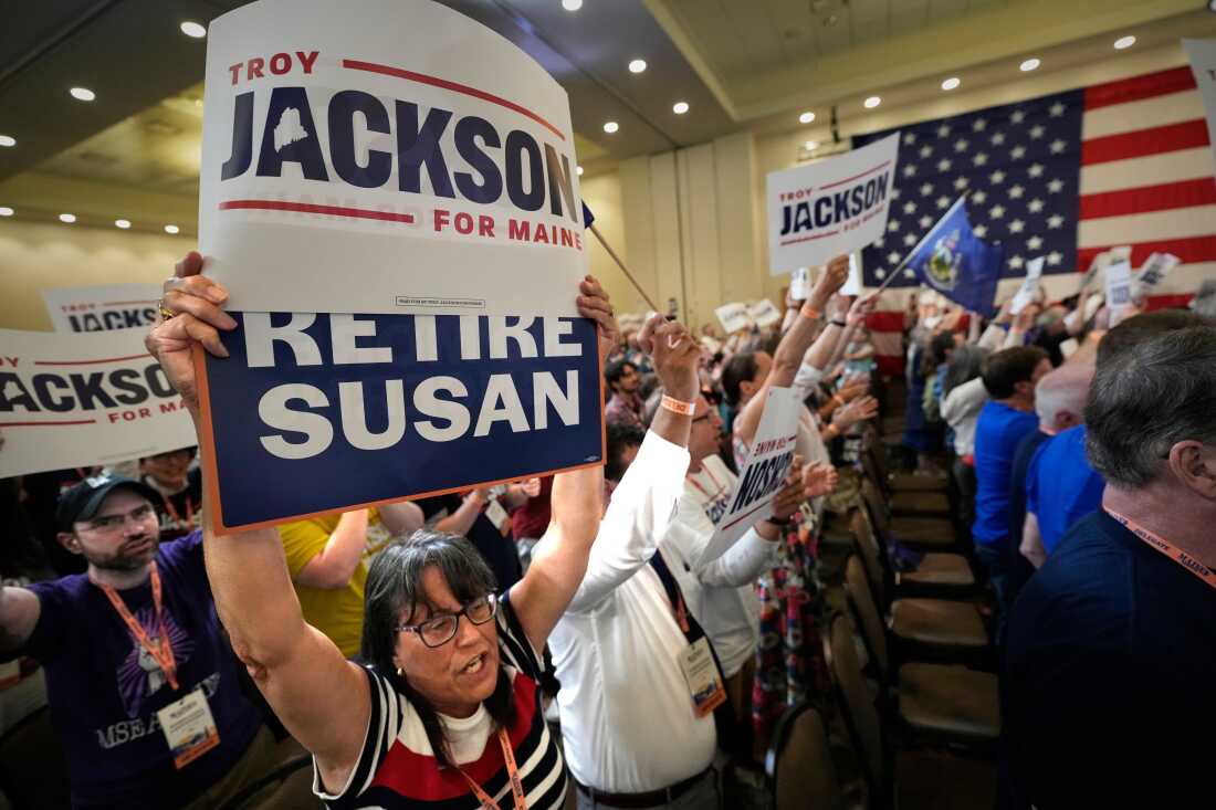 Delegates cheer for Troy Jackson at the Maine Democratic Nominating Convention on Saturday in Bangor.