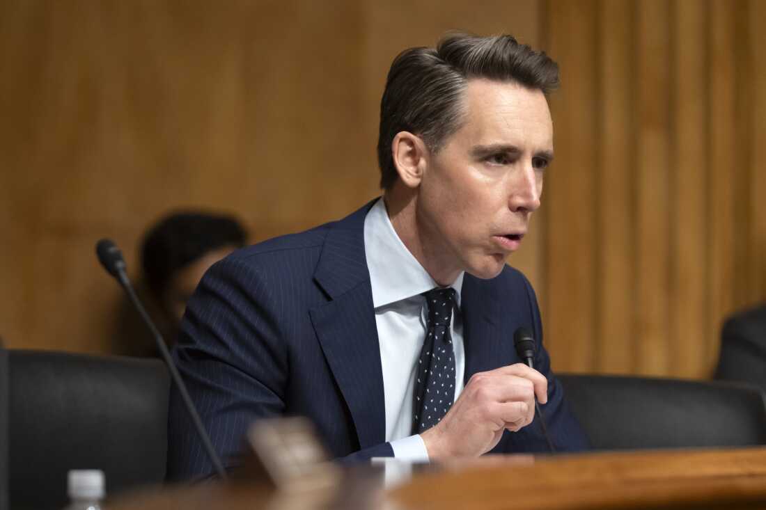 Sen. Josh Hawley, R-Mo., speaks during an April 3 hearing on Capitol Hill. Hawley is a pushing for a bipartisan bill in the Senate that would ban lawmakers from trading or holding individual stocks.