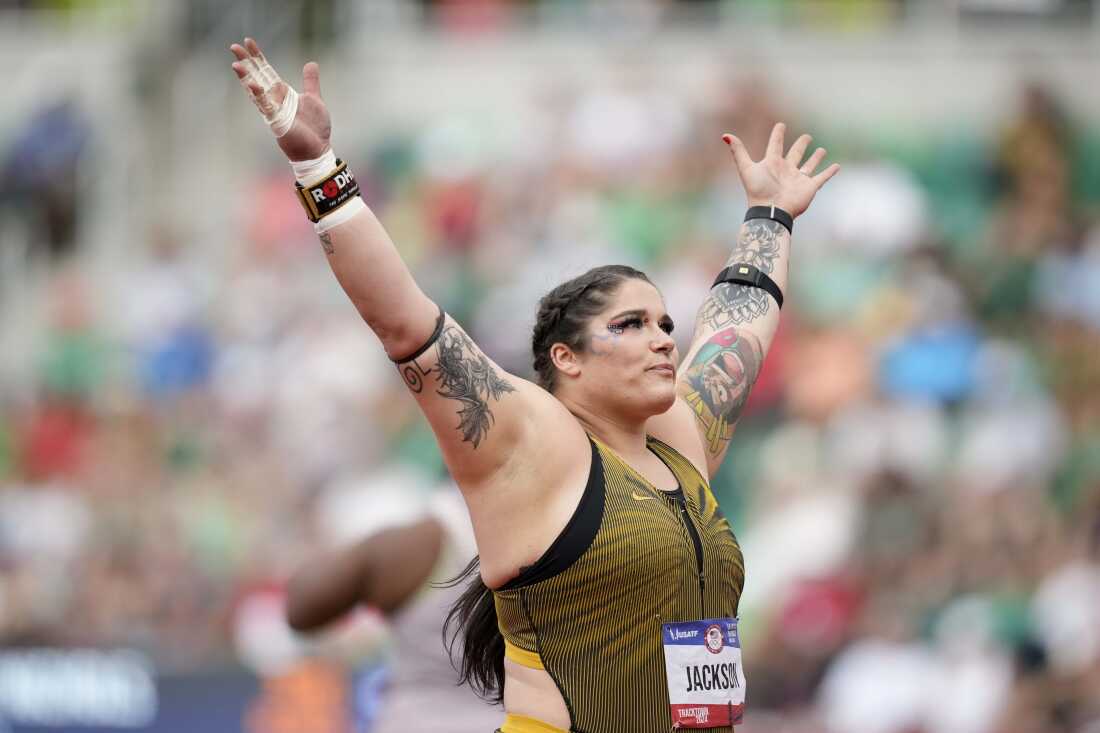 Chase Jackson competes in the women's shot put final during the track trials.