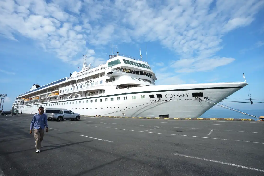An American cruise ship MV. Odyssey docked at the autonomous port of Sihanoukville, in southern Cambodia, on Thursday October 29, 2026.