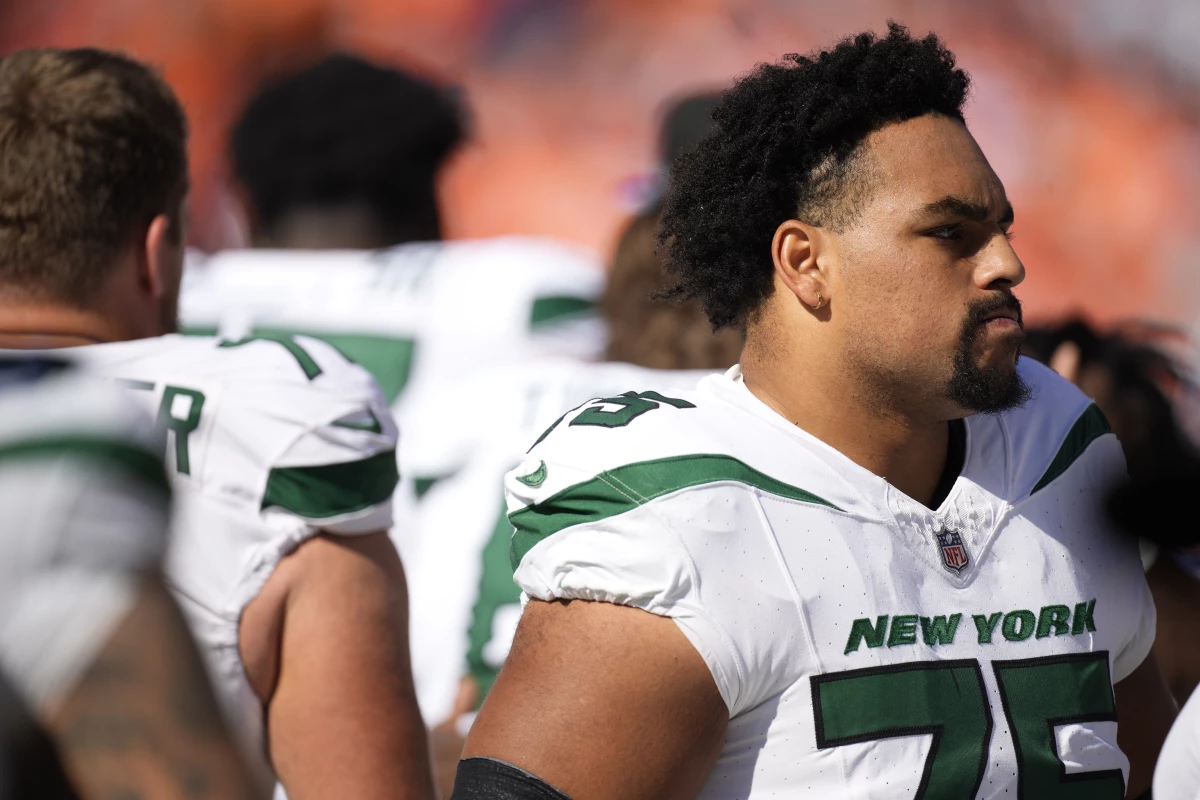 New York Jets guard Alijah Vera-Tucker during an NFL game against the Denver Broncos in October. Vera-Tucker, from Mexico, is one of several players being filmed going back to their hometowns and retracing their journeys.