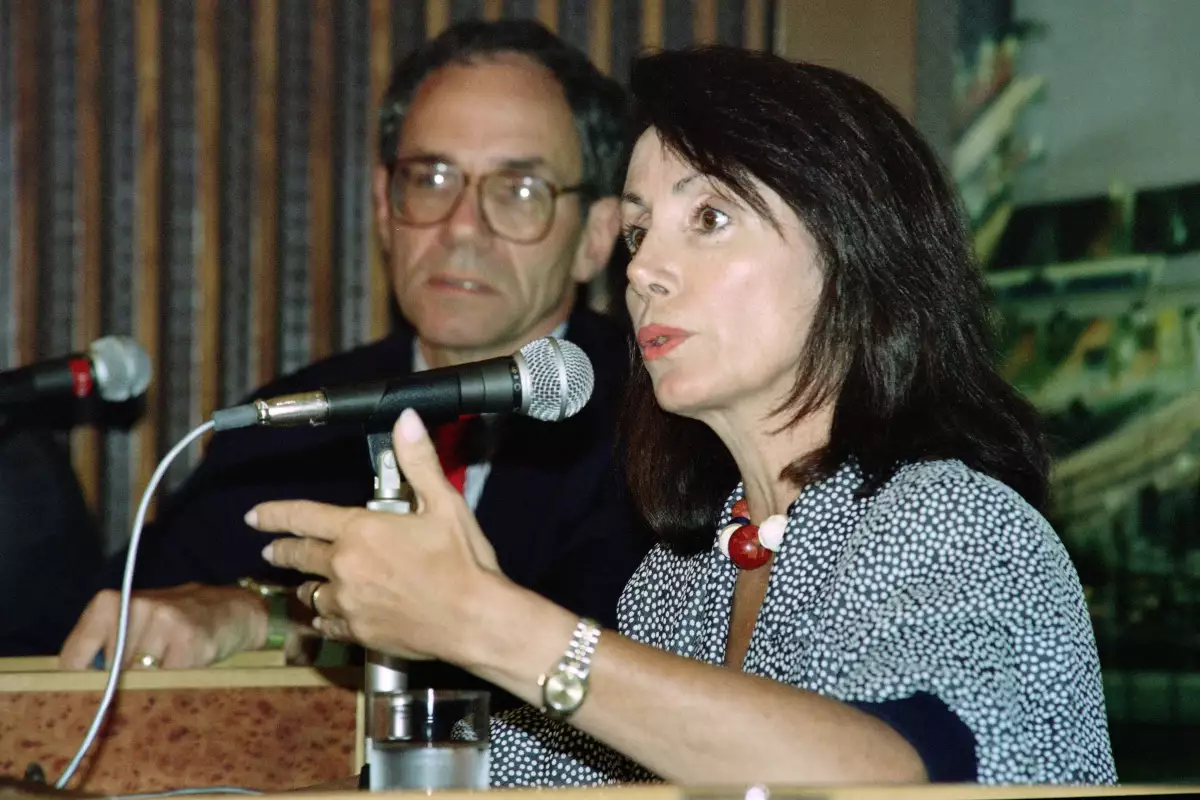 Congresswoman Nancy Pelosi talks to reporters at a press conference in 1991.