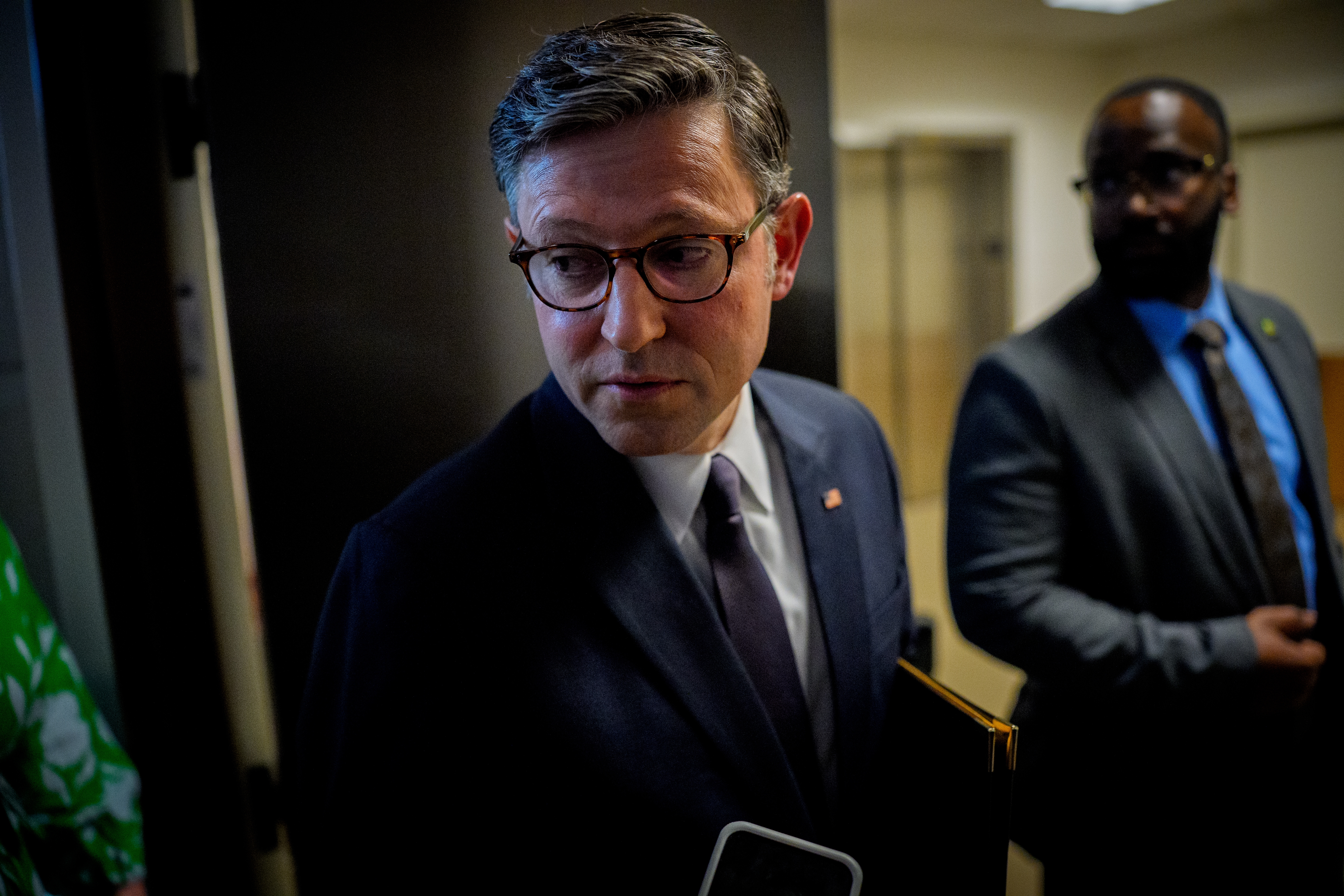 Speaker of the House Rep. Mike Johnson, R-La.,speaks to reporters following a House Republican conference meeting at the U.S. Capitol on May 6. Republicans are facing internal divisions over Medicaid as they work to enact President Trump