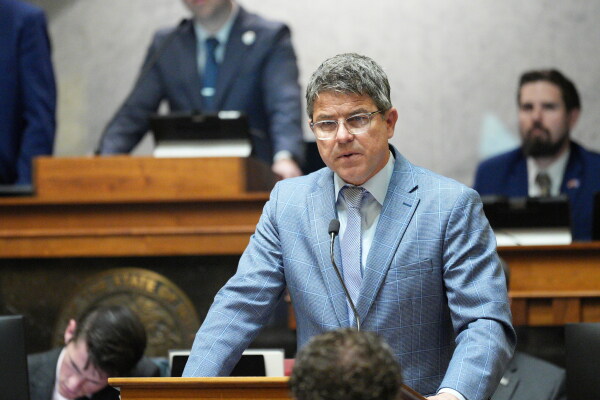 Indiana Senate President Pro Tempore Rodric Bray speaks in the Senate chamber at the Statehouse in Indianapolis on April 23, 2025. Bray says he does not know how the vote to redraw Indiana's congressional maps will turn out.